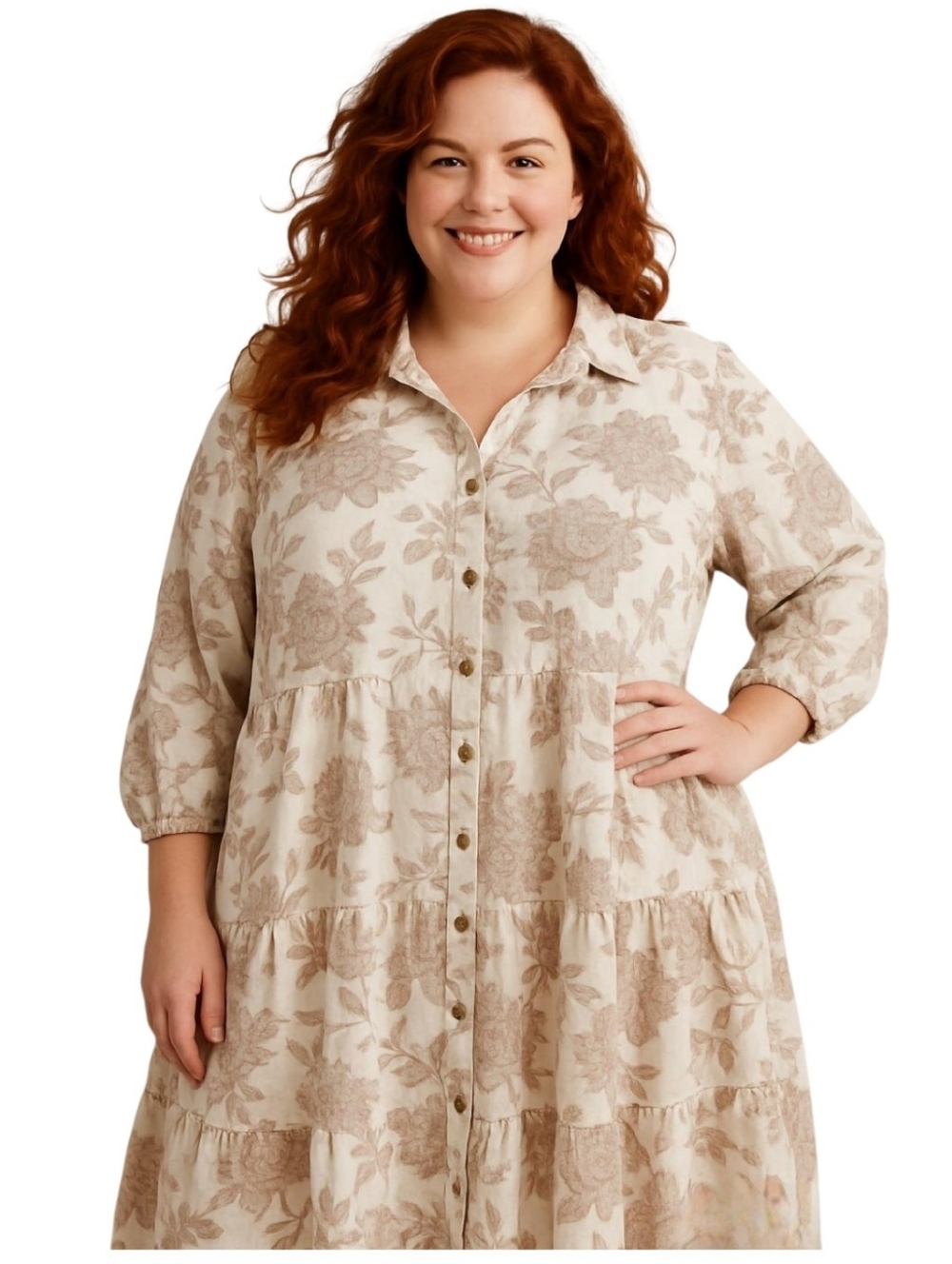 Violet Skies Floral Tiered Boho Dress 3X Cottagecore Neutral Cotton Button Front